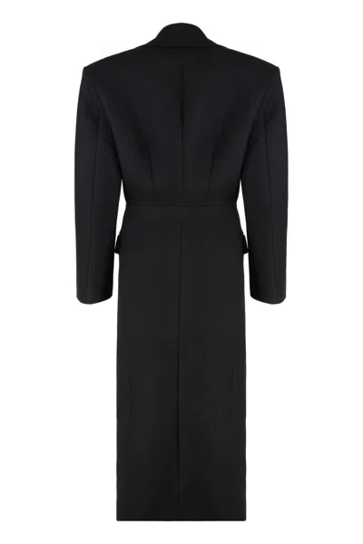 Attico Long Virgin Wool Coat With Chest Pocket In Black