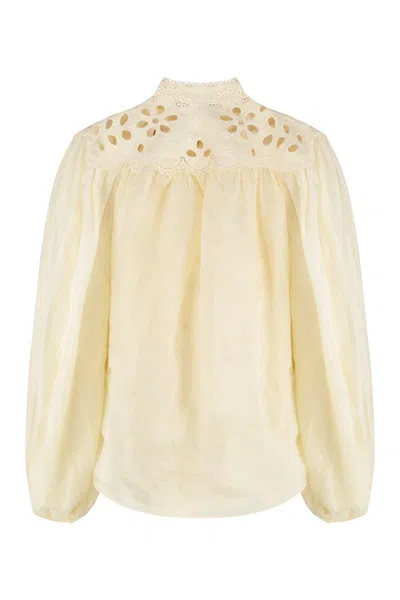 Zimmermann Cream Ramie Coco Embroidered Blouse In Neutral