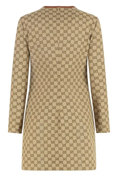 Gucci Beige Crewneck Mini Dress With Horsebit On The Front In Gg Canvas Woman