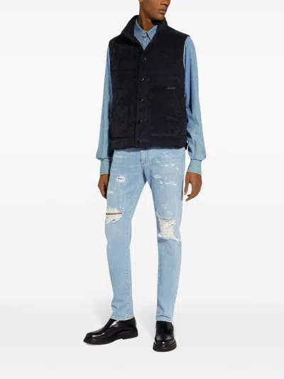Dolce & Gabbana Logo Patch Corduroy Jacket In Blue