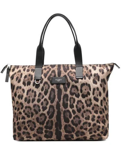 Dolce & Gabbana Leopard Print Nylon Adamo Shopper Bags