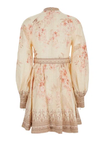 Zimmermann 'illuminate' Beige Mini Dress With Belted Waist And All-over Floral Print