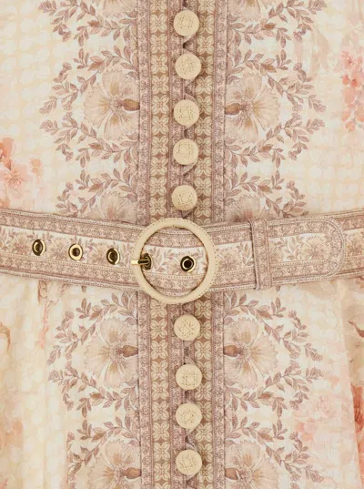Zimmermann 'illuminate' Beige Mini Dress With Belted Waist And All-over Floral Print