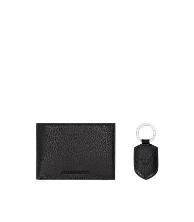 Emporio Armani Black Leather Wallet+keychain Set In Black