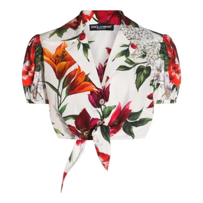 Dolce & Gabbana Anemone Floral Popeline Puff-sleeve Tie Crop Shirt