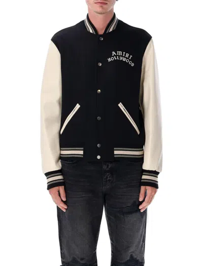 Amiri Mens Hollywood Embroidered-text Wool-leather Blend Bomber Jacket Black Xl In Black