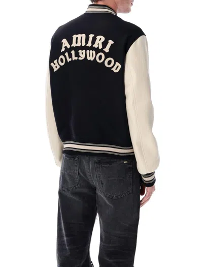 Amiri Mens Hollywood Embroidered-text Wool-leather Blend Bomber Jacket Black Xl In Black