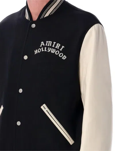 Amiri Mens Hollywood Embroidered-text Wool-leather Blend Bomber Jacket Black Xl In Black