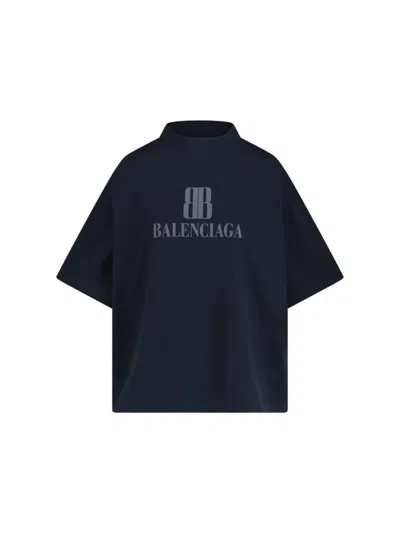 Balenciaga High-collar Black T-shirt With Logo Print In Blue