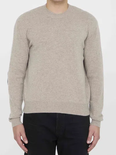 Bottega Veneta Cashmere Crewneck Jumper With Leather Elbow Patches In Neutral