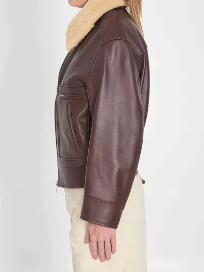 Bottega Veneta Brown Shearling Coat With Removable Fur Collar And Front Zip Closure In Leather Woman In Brown