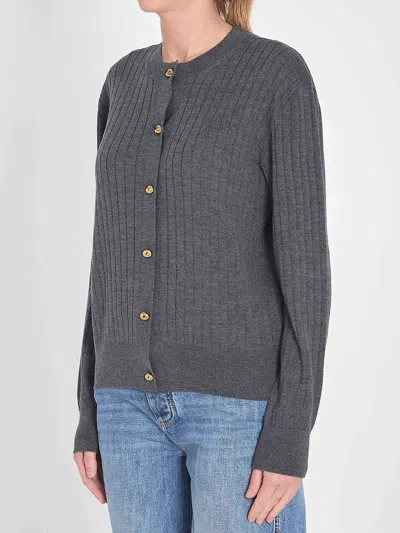 Bottega Veneta Grey Crewneck Cardigan With Knot Buttons Closure And Ribbed Knit In Wool Woman