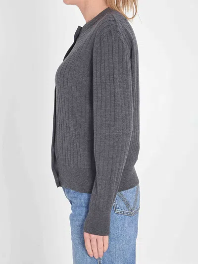 Bottega Veneta Grey Crewneck Cardigan With Knot Buttons Closure And Ribbed Knit In Wool Woman