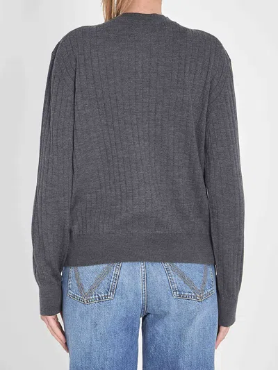Bottega Veneta Grey Crewneck Cardigan With Knot Buttons Closure And Ribbed Knit In Wool Woman