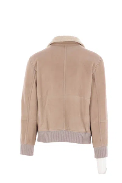 Brunello Cucinelli Bomber Jacket With Shearling Collar And Ribbed Finish In Brown