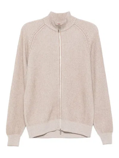 Brunello Cucinelli Cashmere High Neck Zip-up Cardigan With Ribbed Knit In Neutral