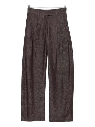 Brunello Cucinelli High Waist Wide Leg Trousers With Metallic Effect In Brown