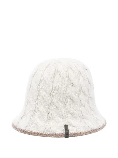 Brunello Cucinelli Cable-knit Sequined Bucket Hat In White