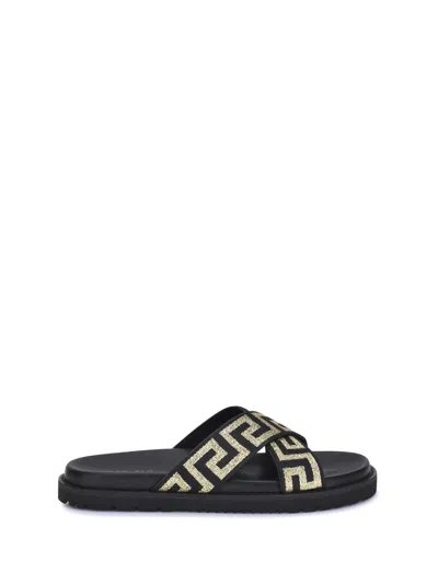 Versace Greca Sandals In Black