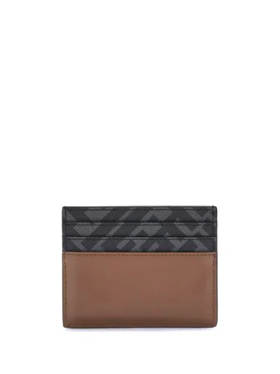 Fendi Leather And Ff Canvas Squared Card Holder In Brown
