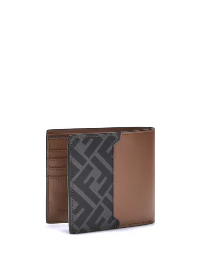 Fendi Leather And Ff Canvas Compact Bi-fold Wallet In Brown