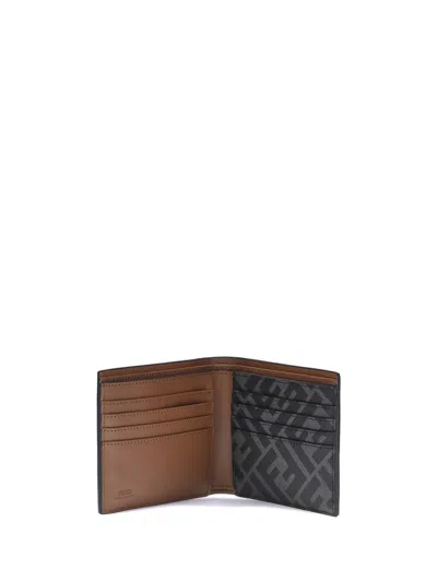 Fendi Leather And Ff Canvas Compact Bi-fold Wallet In Brown