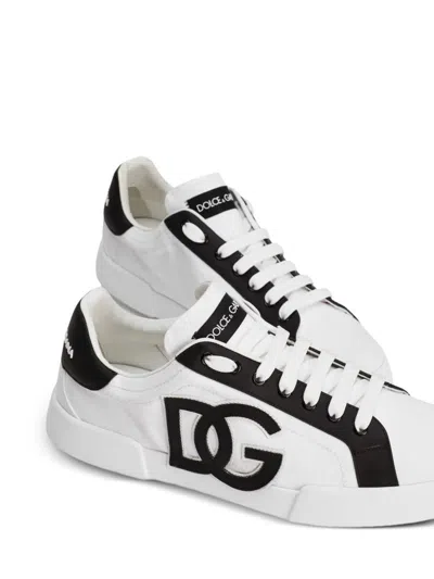 Dolce & Gabbana Portofino Light Strobel Sneakers In Canvas And Calfskin In White