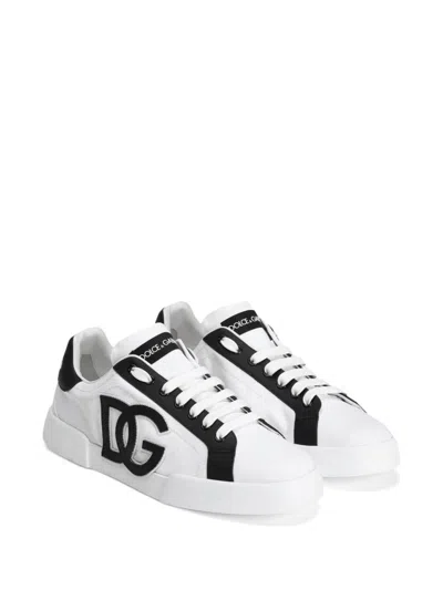 Dolce & Gabbana Portofino Light Strobel Sneakers In Canvas And Calfskin In White