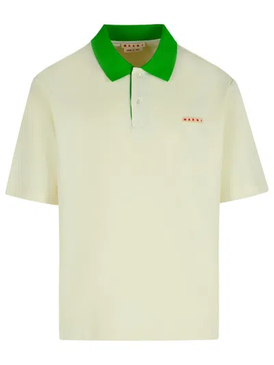 Marni Cotton Blend Polo Shirt With Contrasting Collar In Neutral