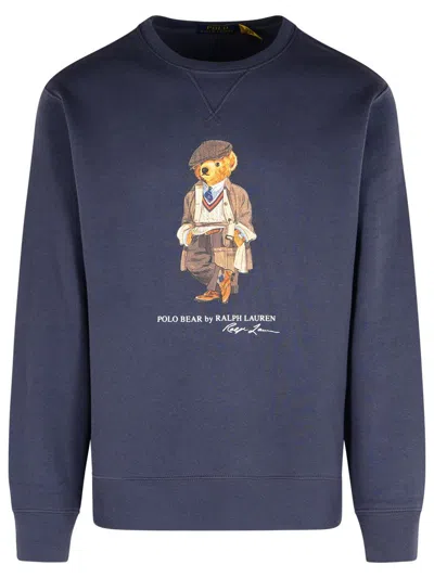 Polo Ralph Lauren Navy Blue Cotton Blend Sweatshirt With Iconic Bear Logo In Blue