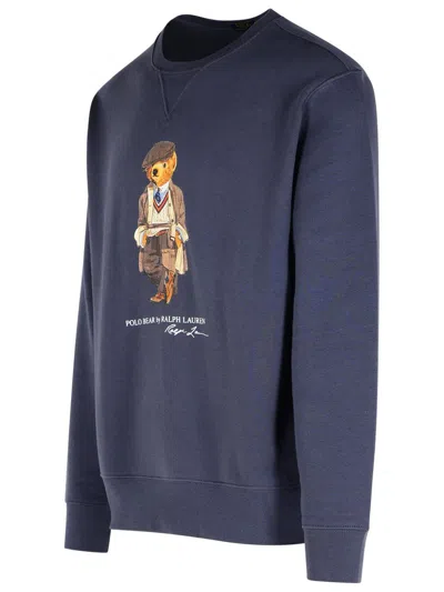 Polo Ralph Lauren Navy Blue Cotton Blend Sweatshirt With Iconic Bear Logo In Blue