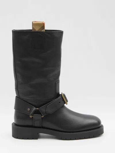 Burberry Saddle Mid-calf Leather Boots In Black