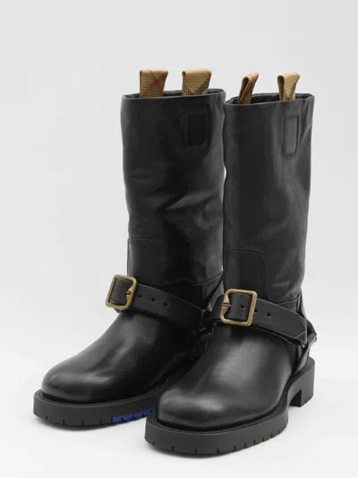 Burberry Saddle Mid-calf Leather Boots In Black