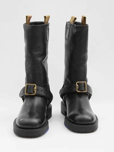 Burberry Saddle Mid-calf Leather Boots In Black