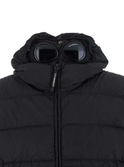 C.p. Company Men Black Down Jacket With Fixed Hood With Googles Detail In Tech Fabric Man In Black