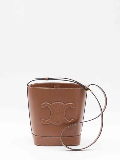 Celine Small Triomphe Leather Bucket Bag In Smooth Calf Leather In Brown
