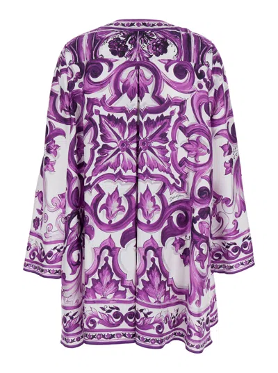 Dolce & Gabbana Majolica Silk Twill Long-sleeve Mini Shift Dress In Purple