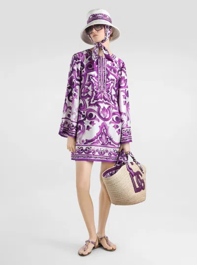 Dolce & Gabbana Majolica Silk Twill Long-sleeve Mini Shift Dress In Purple