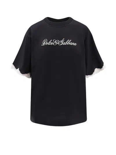 Dolce & Gabbana Logo-embroidered Lace-trimmed T-shirt In Black