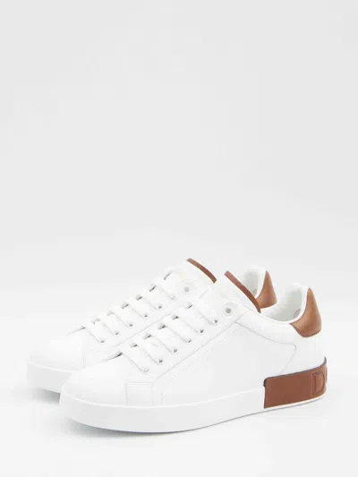 Dolce & Gabbana White Calf Leather Portofino Sneakers In Red