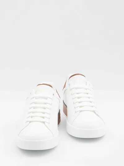 Dolce & Gabbana White Calf Leather Portofino Sneakers In Red
