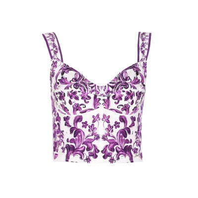 Dolce & Gabbana Cotton Blend Bustier Top With Maiolica Print In Purple