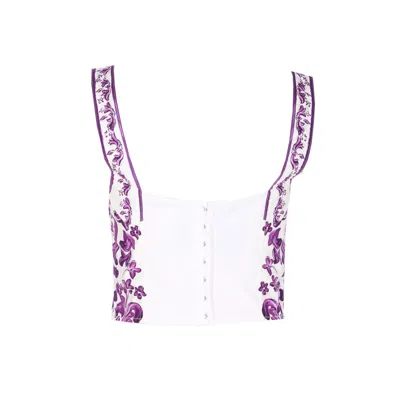 Dolce & Gabbana Cotton Blend Bustier Top With Maiolica Print In Purple