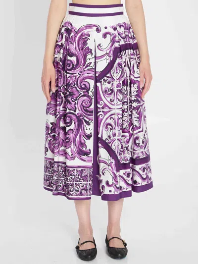 Dolce & Gabbana Women Maiolica Mix Print Poplin Pleated Skirt In Purple