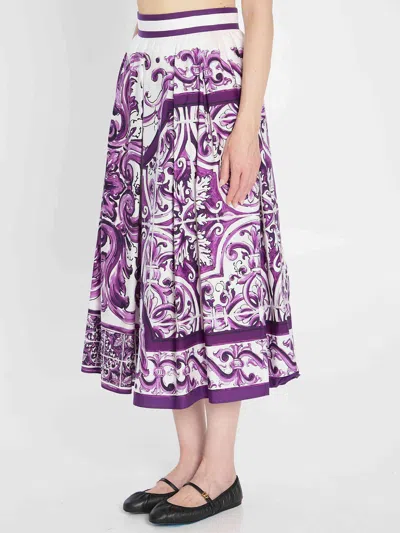 Dolce & Gabbana Women Maiolica Mix Print Poplin Pleated Skirt In Purple