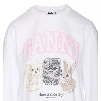 Ganni Women Animals Print Logo Long Slevees Top In White