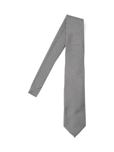 Tom Ford Adjustable Black Silk Tie With Houndstooth Pattern In Gray