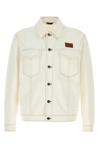 Fendi Denim Jacket With Adjustable Hem And Chest Pockets In Neutral