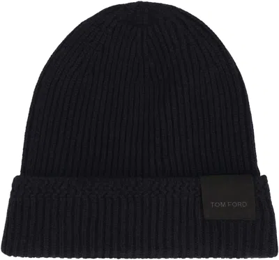 Tom Ford Mens Black Logo-patch Ribbed Cashmere-knit Beanie Hat In Black