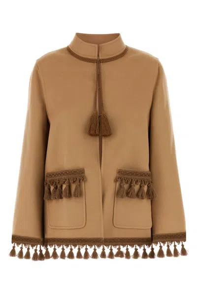 Valentino Open Front Wool Blend Jacket With Tassel Trim In Brown